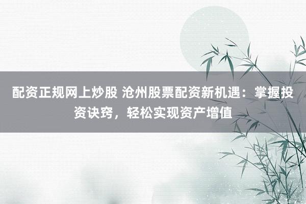 配资正规网上炒股 沧州股票配资新机遇：掌握投资诀窍，轻松实现资产增值